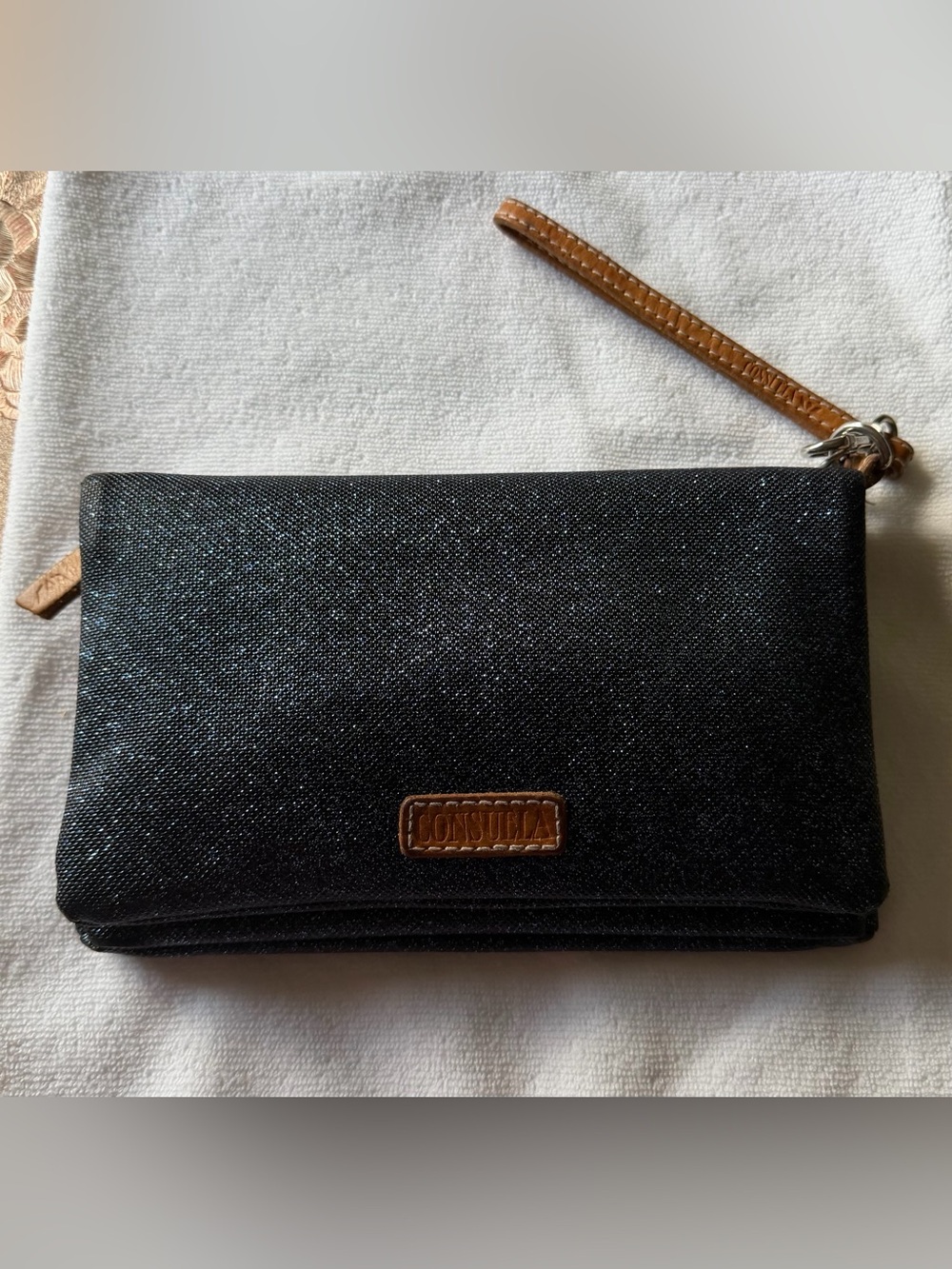 Consuela blue with Glitter Wristlet with Brown Trim